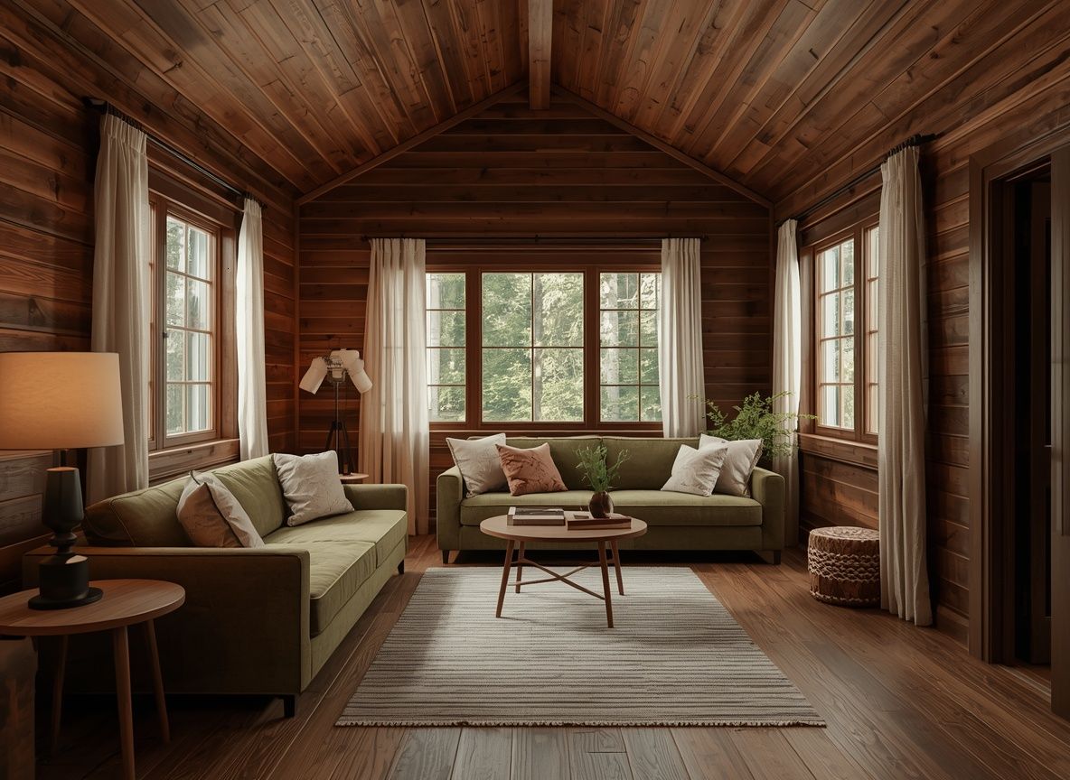 Living con techo de madera a dos aguas, dos sillones verdes y ventanales al bosque