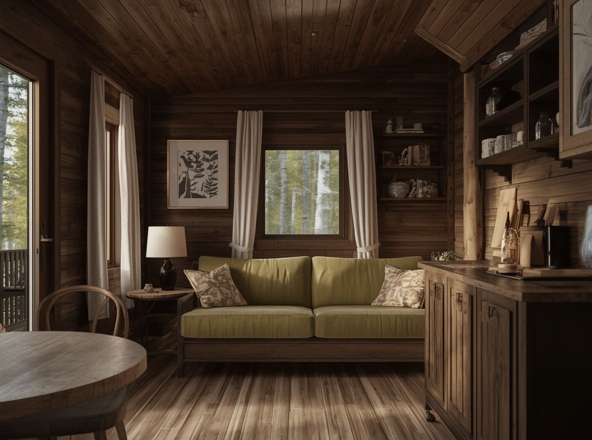 Living con sillón verde, estantes, mesada de cocina y puerta de vidrio al deck