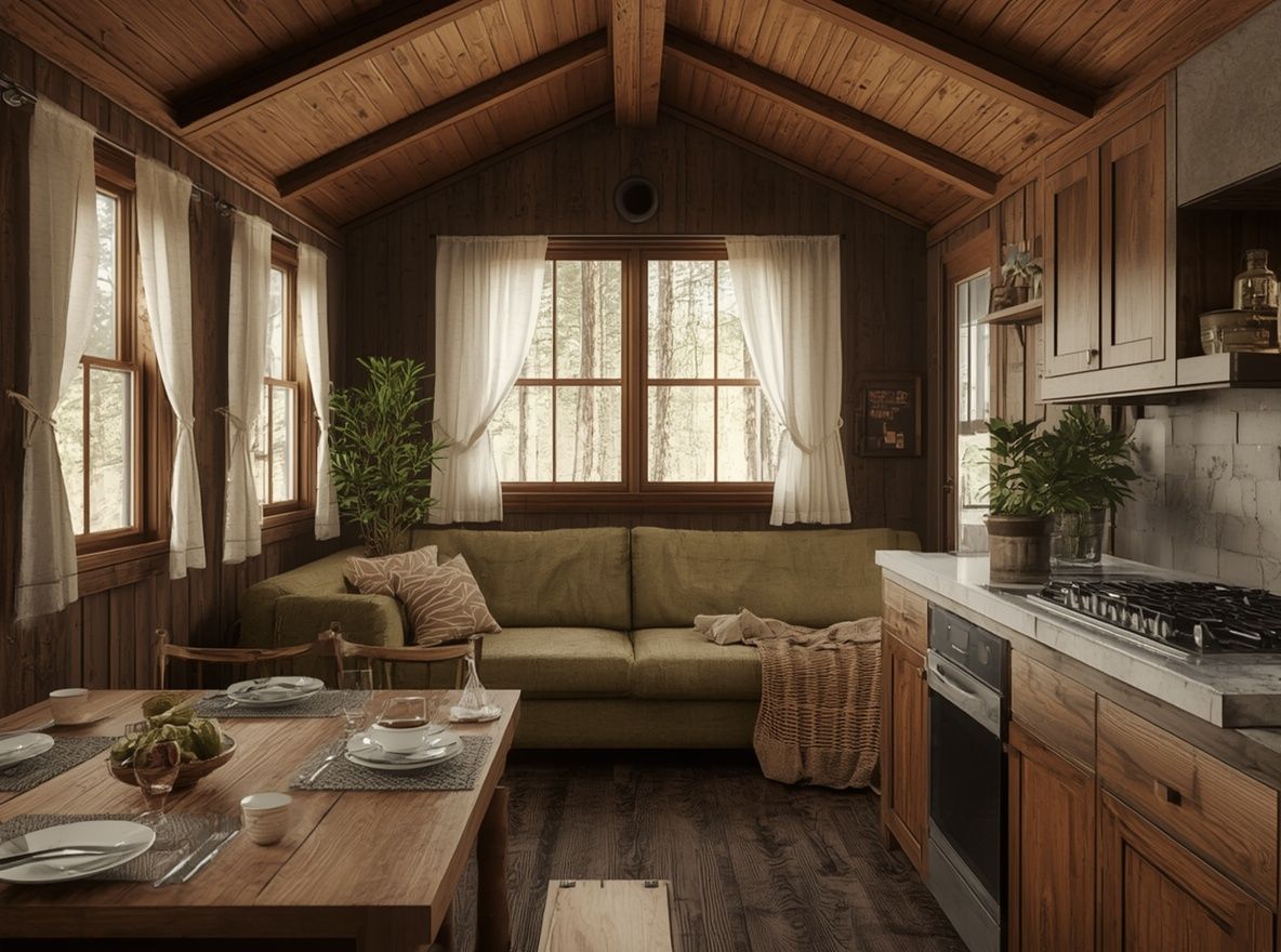 Comedor con mesa puesta, sillón verde y cocina con horno y anafe