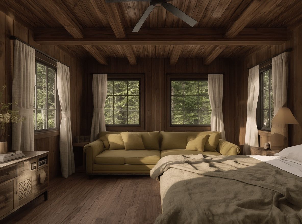 Dormitorio con cama doble, sillón verde y ventanas al bosque