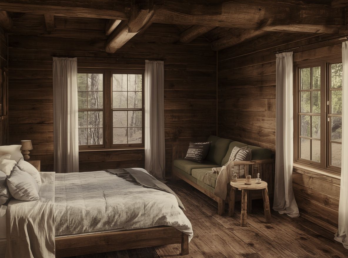 Dormitorio con cama doble, vigas de madera y un sillón junto a la ventana