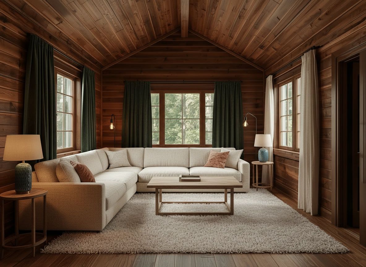 Living con sillón esquinero blanco, cortinas verdes y alfombra mullida