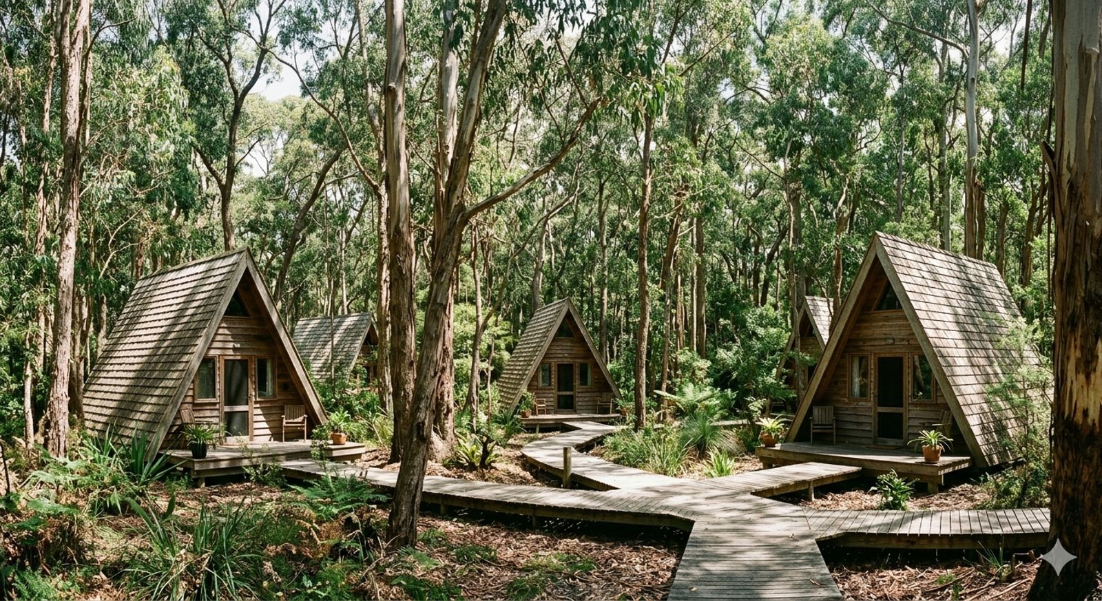 Cabañas de madera entre eucaliptos, unidas por pasarelas